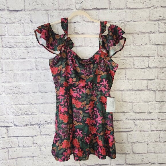 NSR Womens Size XL Off-the-shoulder Mini Dress In Black/ Pink Tropical Print - Picture 1 of 7